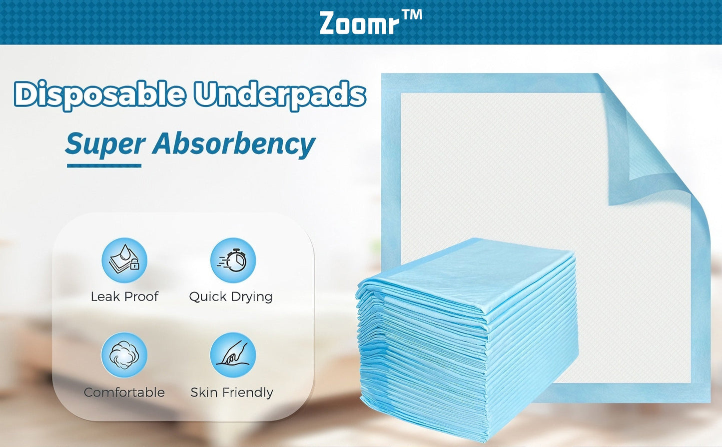 Zoomr™ Disposable 1500 ml Blue Pet Urine Pads for Small & Large Sizes-Pack of 100