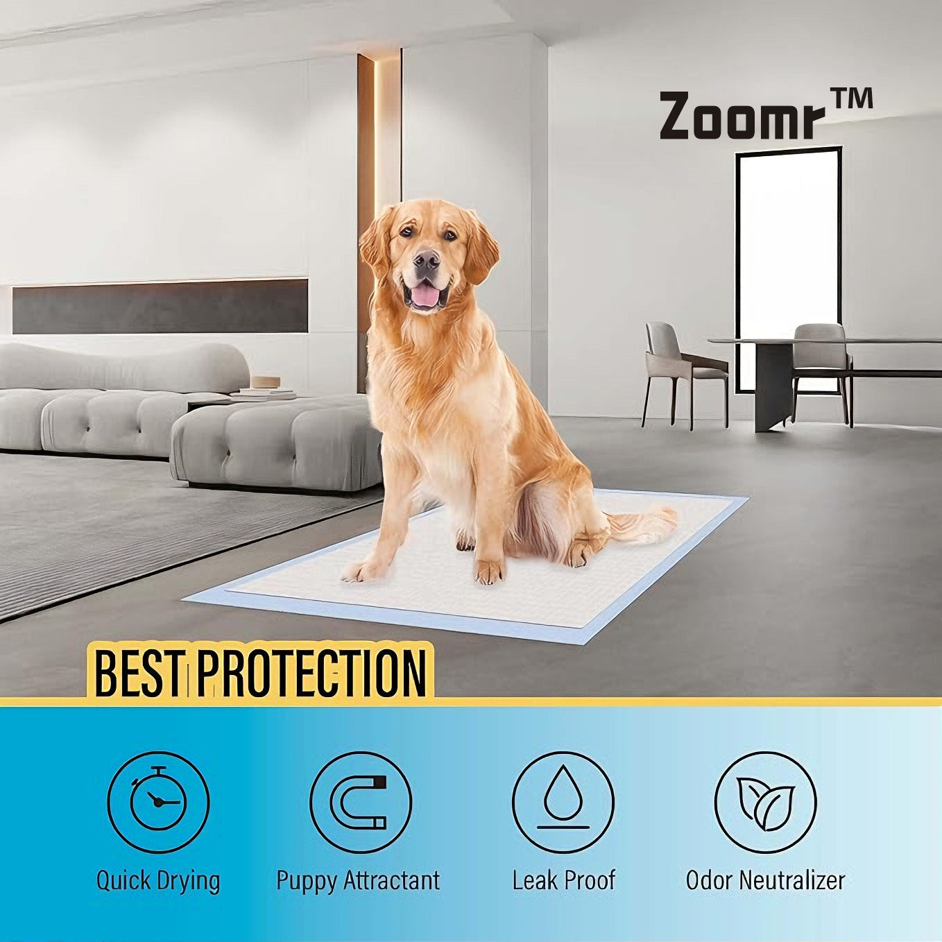 Zoomr™ Disposable 1500 ml Blue Pet Urine Pads for Small & Large Sizes-Pack of 100